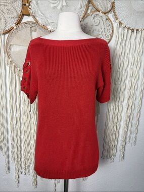 Laren Ralph Lauren Rusty Red Lace Up Sleeve Boatneck Sweater M